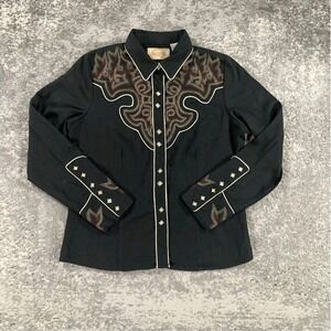 Scully Black Button Down Shirt with Embroidered Accents